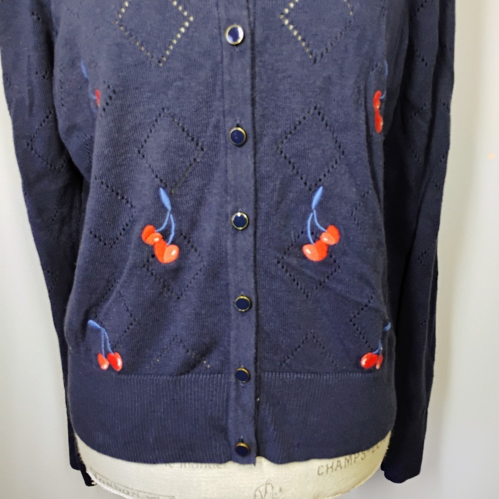 Charter Club Cherry Embroidered Cardigan Sweater Navy Blue Womens Large Twee - Picture 3 of 11